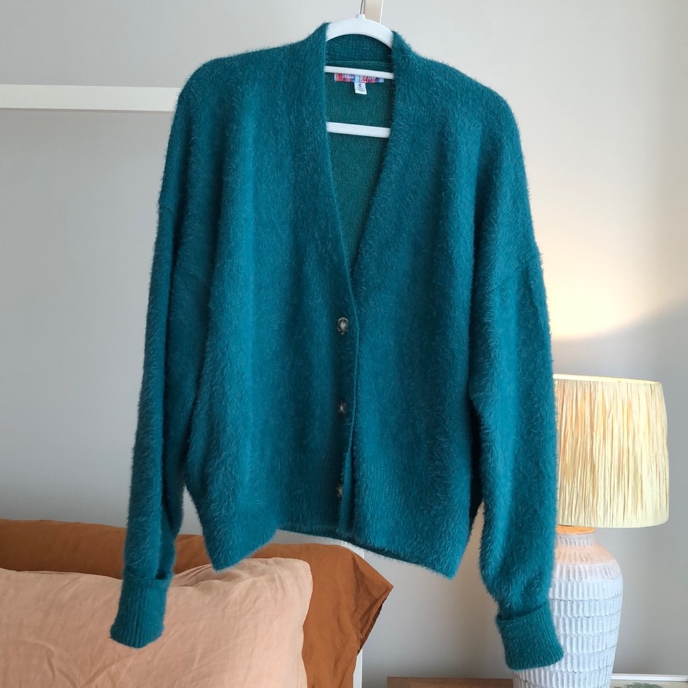 Urban Outfitters fuzzy mohair-like button cardigan, teal/blue
